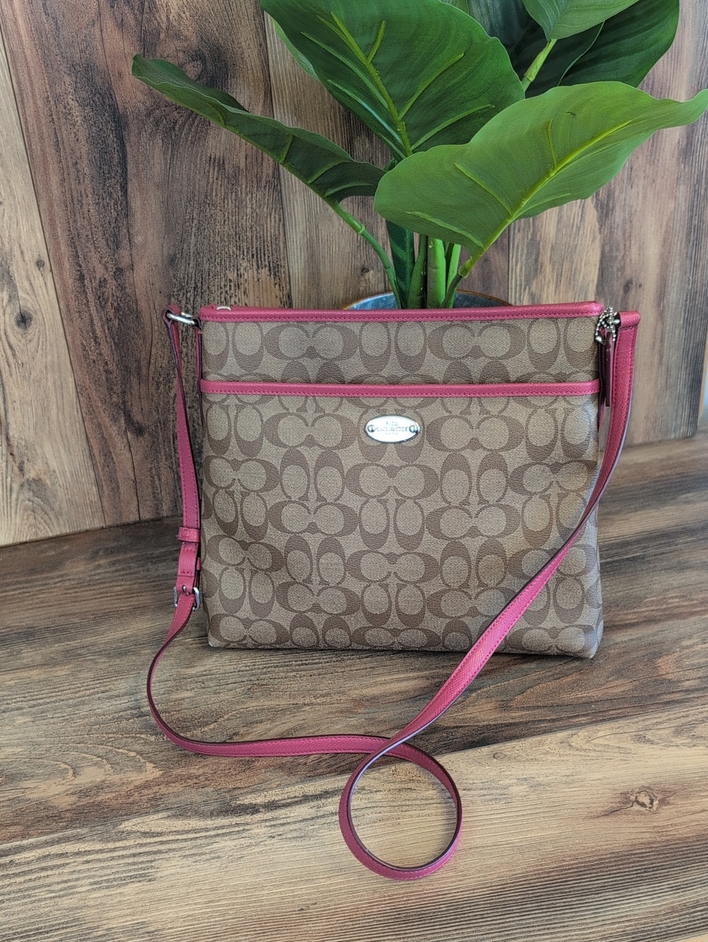 Coach File Signature Coated PVC Canvas Leather Trim Crossbbdy Bag    W362